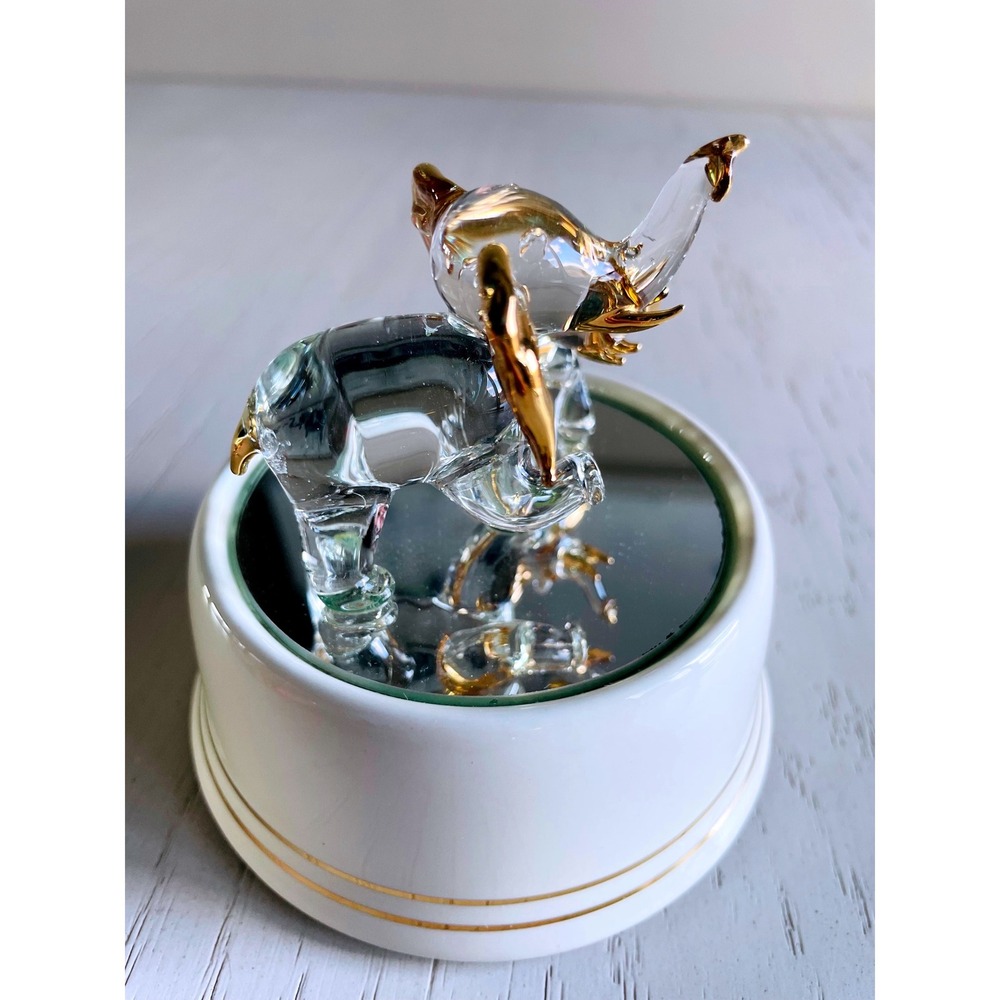 Vtg Glass Elephant Family Music Box White Gold Tone Mirror Base Plays Tune - Picture 6 of 9